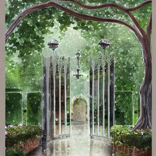 Image similar to delicate rain, symmetric artwork, chairs, garden, paved, botanic watercolors, iridescent, 8 k, realistic shaded, fine details, artstation, italian, iron gate, tree, mediterranean, marvelous