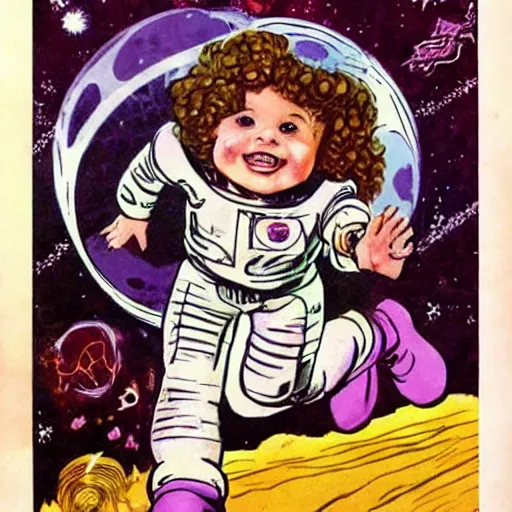 Prompt: a cute little girl with a mischievous face and short brown wavy curly hair. she is dressed as an astronaut. well composed, clean elegant painting, beautiful detailed face. comic book art by steve ditko and jack kirby and ( raymond swanland )