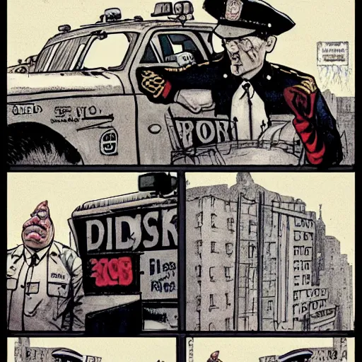 Prompt: hybrid of pig and nyc policeman, annoyed, ultra detailed, rule of thirds, style of norman rockwell, style of richard corben.