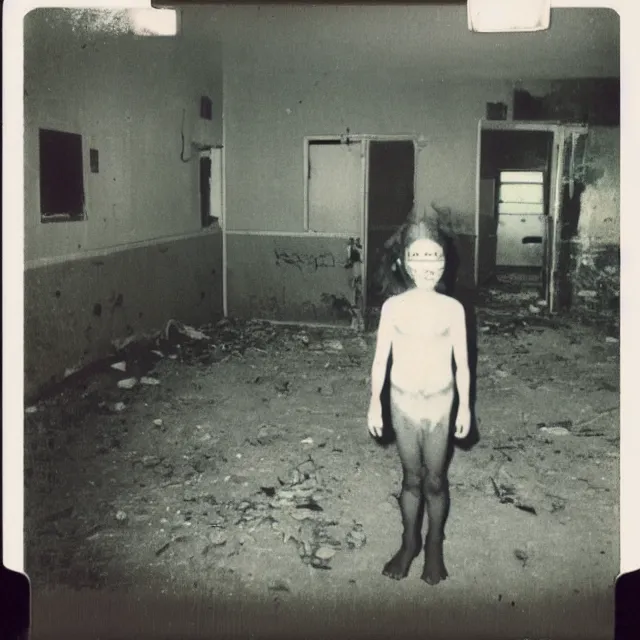 Prompt: found polaroid photo, flash, interior abandoned hospital, mutant creature standing