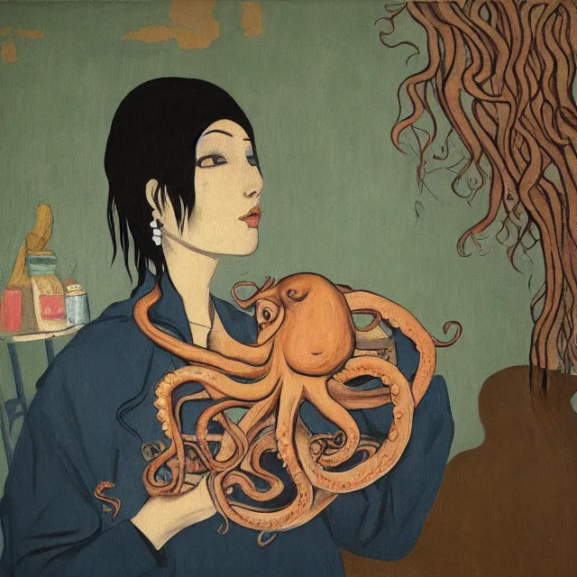 Image similar to tall female emo artist holding an octopus in a flooded cafe, bagels, pigs, water gushing from ceiling, painting of flood waters inside a cafe, a river flooding indoors, pomegranates, pigs, ikebana, water, octopus, river, rapids, waterfall, black swans, zen, canoe, berries, acrylic on canvas, surrealist, by magritte and monet