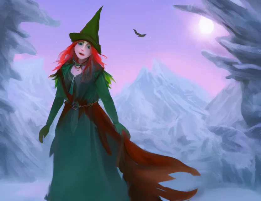 Prompt: bird witch girl in the flowering snowy mountains. complementary colors, indie concept art, luminescent, bloom, 4 k, chiaroscuro, backlighting.