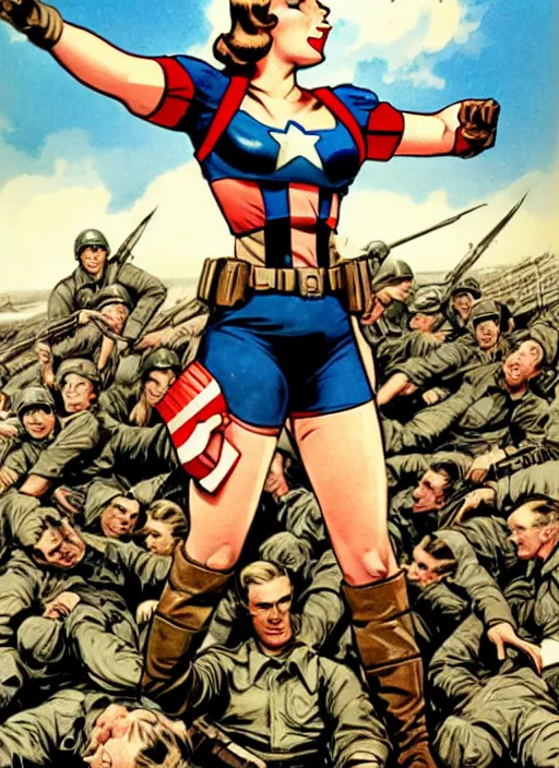 Image similar to beautiful female captain america standing on a pile of defeated german soldiers. feminist captain america wins wwii. american wwii propaganda poster by james gurney. gorgeous face. overwatch