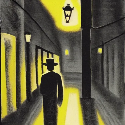 Prompt: a dark city street, streetlight, man walking, german expressionism