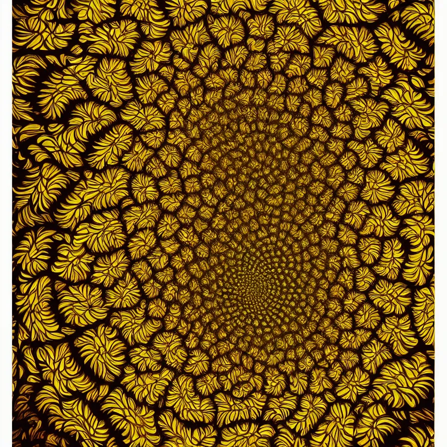 Prompt: award winning fine artwork of hypnotizing sunflower patterns, golden ratio, mandelbrot fractal