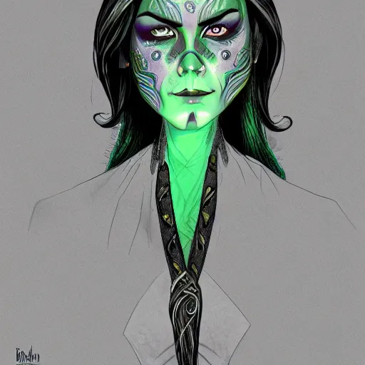 Image similar to character art of evil druidess | silver curved dagger | by Brom | blighted forest | comic book style | realistic face and body | beautiful detailed young face | pulp adventure heroine | green and purple vivid | thick line art