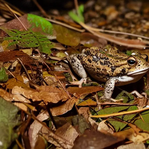 Prompt: photo of American Toad birthday party in the woods at night