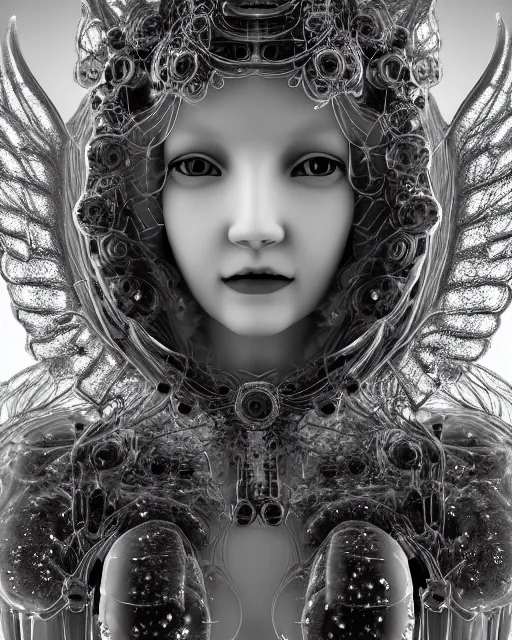 Image similar to mythical dreamy black and white organic translucent bio-mechanical spinal ribbed profile face portrait detail of mechanical beautiful female angelic-snowy-human-doll, highly detailed, intricate crystal jelly steampunk ornate, poetic, 3D render, digital art, octane render, 8K artistic photography, photo-realistic, by Dora Maar