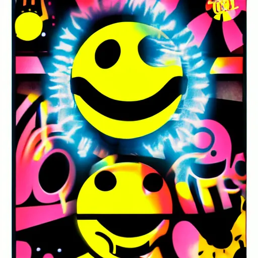 Image similar to acid house rave flyer, poster, smiley face, florescent orange and black