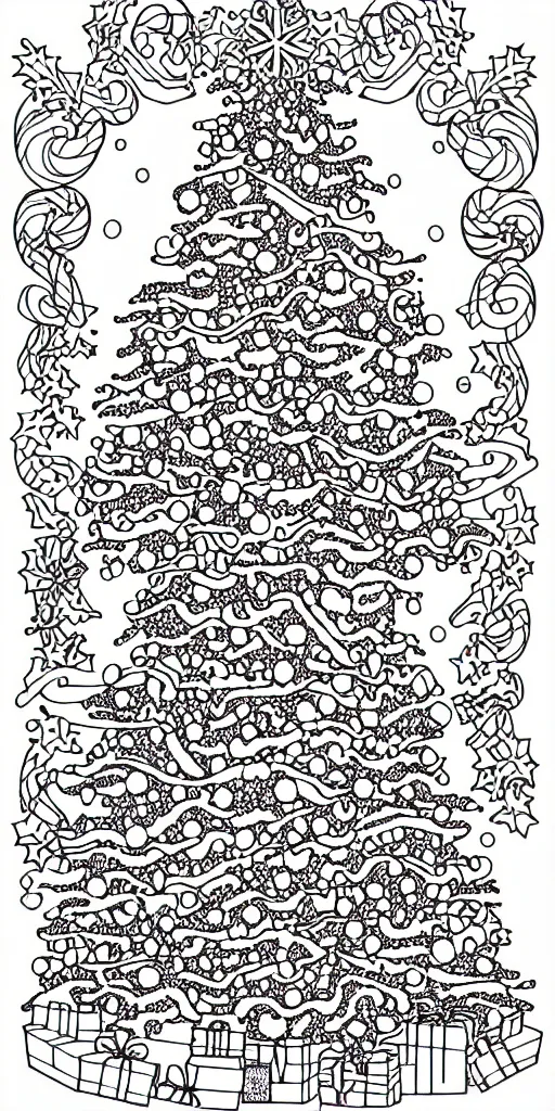 Prompt: black and white coloring book page of christmas trees, christmas decorations and candy canes
