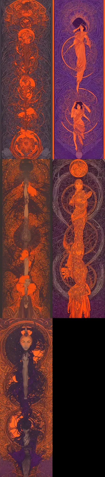 Prompt: mystical visionary illustration dreamscape ancillary sphere black paper occult symbolism relief - carving with intricate and vibrant orange and purple detailed line work by evan cagle greg rutkowski andrew jones alphonse mucha tarot card full of silver layers portrait trending on artstation exquisite detail