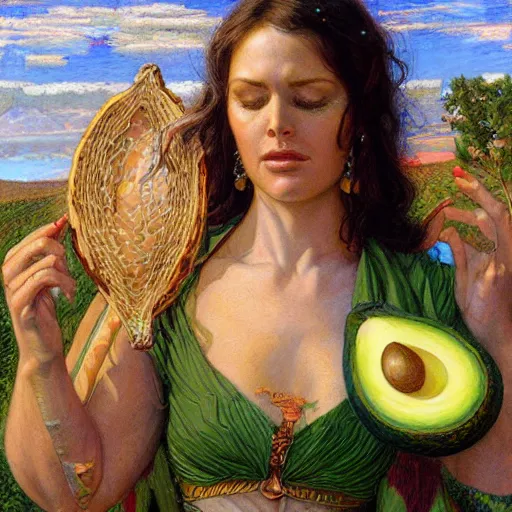 Prompt: the goddess of avocados, by donato giancola.