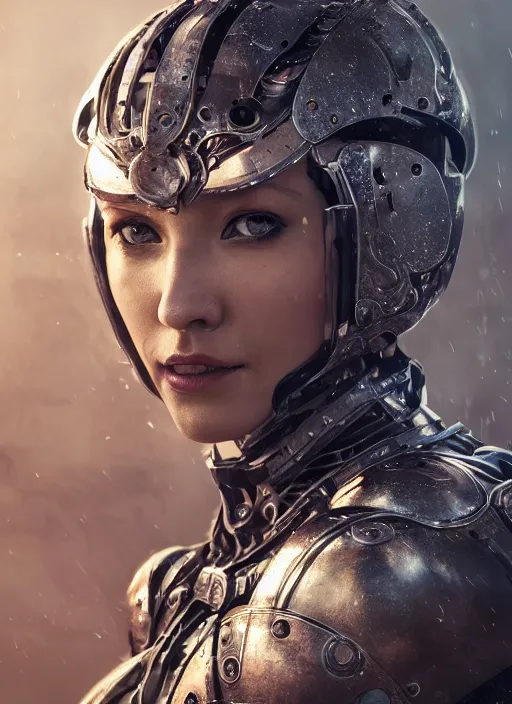 Image similar to A portrait of a female cyborg tiger in medieval armour by Greg Rutkowski, Sung Choi, Mitchell Mohrhauser, Maciej Kuciara, Johnson Ting, Maxim Verehin, Peter Konig, final fantasy, 8k photorealistic, cinematic lighting, HD, high details, dramatic, atmospheric , trending on artstation