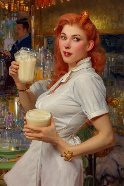 Image similar to illustration of a white female anthro wolf waitress serving milkshakes, 5 0's diner, 4 k, furaffinity, trending on artstation, very expressive face, energetic, bright colors, by gaston bussiere, craig mullins, j. c. leyendecker, gustav klimt, artgerm, greg rutkowski, alphonse mucha