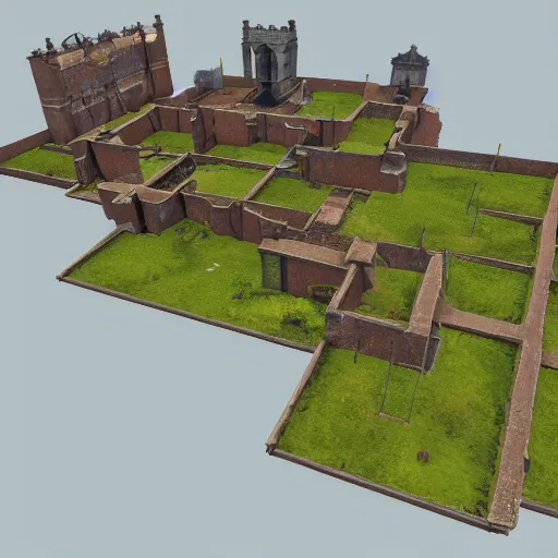 Prompt: a 3 d layout of a tf 2 map set at an abbey on a cliffside, dev textures, blockout, blocktober, tf 2 maps. net, level design