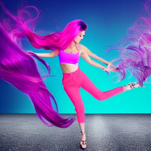 Prompt: a award winning full body shot of a beautiful woman in a croptop with a ombre purple pink teal hairstyle with head in motion and hair flying, outrun, vaporware, vivid colors, highly detailed, fine detail, intricate