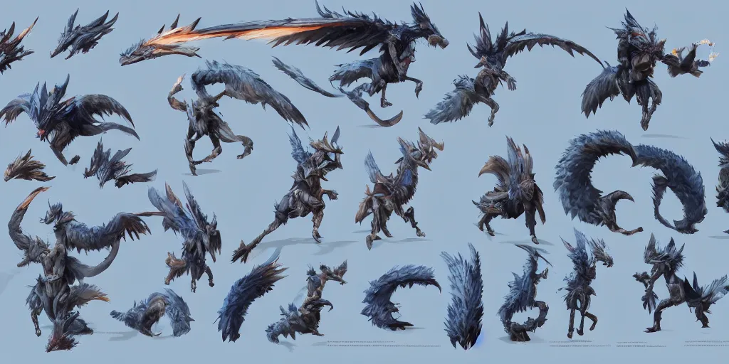 Image similar to Azure feathered winged wolf character design sheet, Monster Hunter Illustrations art book, big claws, huge wings, long tail, Moebius, Greg Rutkowski, Zabrocki, Karlkka, Jayison Devadas, Phuoc Quan, trending on Artstation, 8K, ultra wide angle, zenith view, pincushion lens effect.