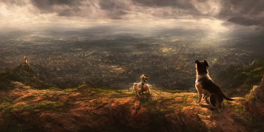 Prompt: breathtaking detailed concept art painting of a dog on the top of a hill, with a beutiful view of a tiny city below the hill, in the style of a childrens book, extremely moody lighting, 8 k