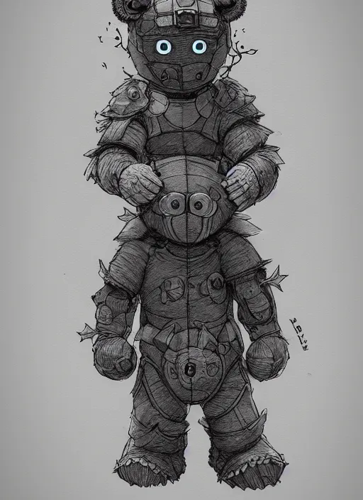 Image similar to beautiful little boy wearing an cyborg bear suit, artwork in kentaro miura and made in abyss and rosdraws, smooth, beautiful lightness, anatomically correct, trending on pixiv, forest