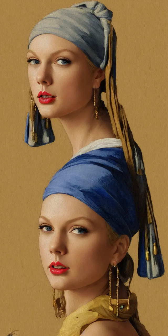 Image similar to Taylor Swift as the girl with the pearl earring, highly detailed, digital painting, artstation, concept art, smooth, sharp focus, illustration, ArtStation, art by artgerm and greg rutkowski and alphonse mucha and J. C. Leyendecker and Edmund Blair Leighton and Katsuhiro Otomo and Geof Darrow and Phil hale and Ashley wood and Ilya repin and Charlie Bowater