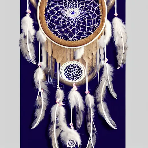 Image similar to a beautiful and intricate dreamcatcher made from bone and gnarled wood and blue and purple feathers, twisting, twirling, loops, hexagonal shapes, concept art, highly detailed, realistic, ornate, fine detail, 4k, octane render, vray, unreal engine