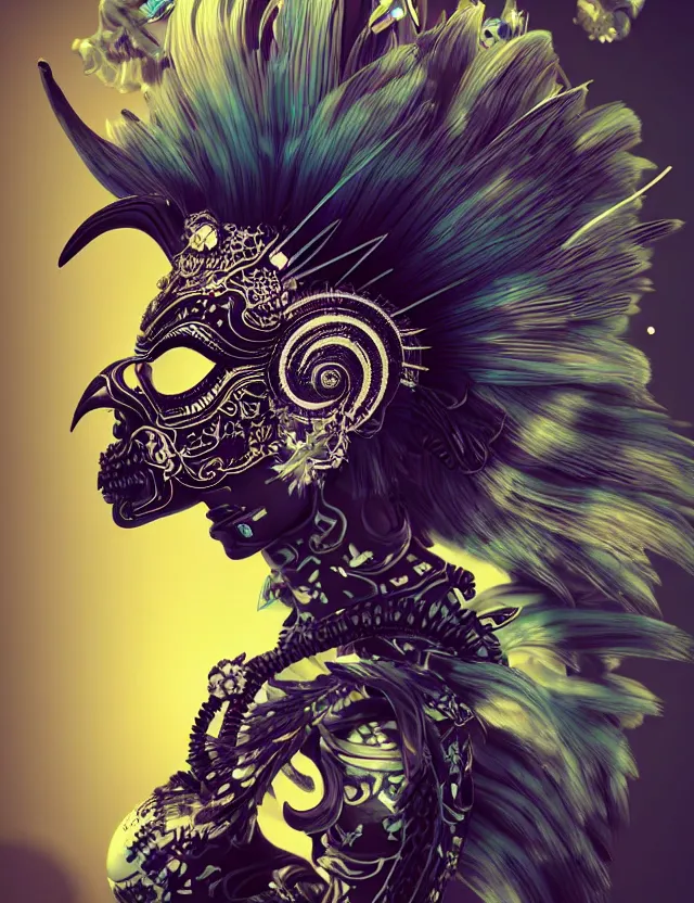 Image similar to 3 d photo realistic goddess close - up profile portrait punk with mohawk with ram skull. beautiful intricately detailed japanese crow kitsune mask and clasical japanese kimono. betta fish, jellyfish phoenix, bio luminescent, plasma, ice, water, wind, creature, artwork by tooth wu and wlop and beeple and greg rutkowski