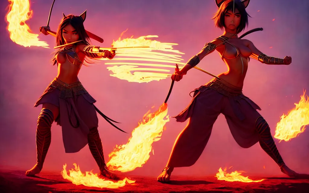 Image similar to weta disney pixar epic movie pinup shot of madison beer as samurai warrior catgirl by pixar : : flames : : by weta, greg rutkowski, wlop, ilya kuvshinov, rossdraws, artgerm, marvel, unreal engine, bright morning, anime