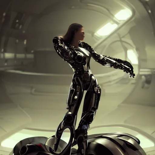 Image similar to edgy futuristic cyborg, chrome motorcycle parts, full body, cinematic lighting, highly detailed, intricate, trending art station, concept art, Unreal Engine 5, Photorealism, 8k resolution, cinema 4d, 3D, octane render, beautiful, art by artgerm and greg rutkowski and alphonse mucha and loish and WLOP