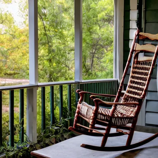 Prompt: a bible book set on top a rocking chair on a rural southern porch