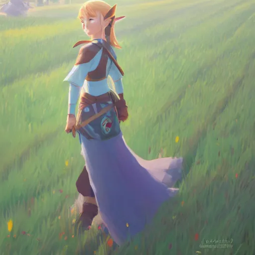 Image similar to zelda in a field. cgsociety masterpiece, artstation trending, by rossdraws, ghibli, kimi no na wa, greg rutkowski, simon stalberg, greg manchess