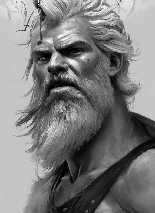Image similar to painted portrait of rugged zeus, god of thunder, greek god, white hair, masculine, mature, handsome, upper body, muscular, hairy torso, fantasy, intricate, elegant, highly detailed, digital painting, artstation, concept art, smooth, sharp focus, illustration, art by gaston bussiere and craig mullins