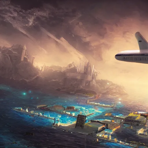 Prompt: an underwater city with a plane Crossing, digital art l, trending on artstation, high detail 4k hd.