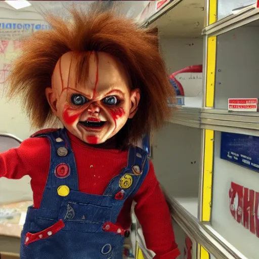 Image similar to Chucky the killer doll for sale in a pawn shop