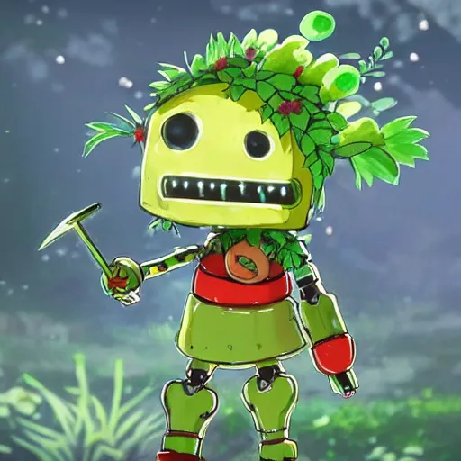 Image similar to cute robot made of plants wearing tomato hat and a chive sword, made in abyss style