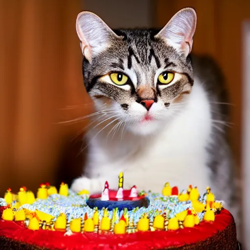 Prompt: photo of a cat celebrating his birthday with a cake. highly - detailed, sharp focus, award - winning