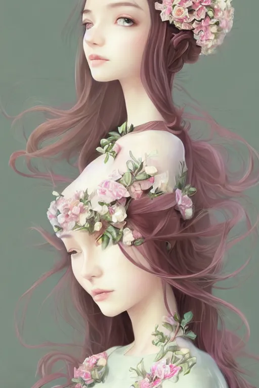 Image similar to romantic and fashion and love princess of the flower with sheath dress, 8 k realistic, teenager girl, baroque, symmetrical, flowing hair, smile, trending pinterest and pixiv, muted colors, hyperrealistic, l close up shot, character concept art, face by kyoung hwan kim, alexandra fomina, ilya kuvshinov