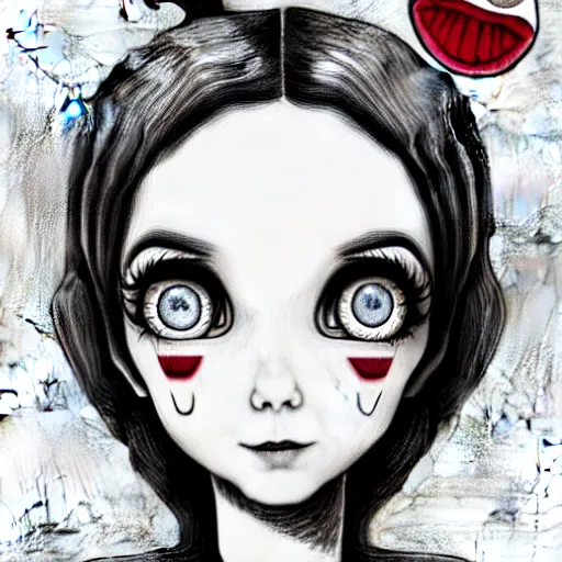 Prompt: pencil drawing of the coke logo personified as a soda themed girl in the style of the lavender towne, large creepy eyes, extremely detailed and colorful eyes, digital art, deviant art, soda themed girl, hyper detailed eyes, money sign pupils, tim burton, scratchy lines, junji ito, gorrilaz, her forehead has the coke logo burned into it