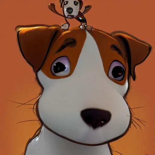 Image similar to jack russel terrier surprised, pixar style, concept art, character turnaround, trending on artstation, childrens illustrated storybook, by alphonse mucha and cory loftis and matthias lechner