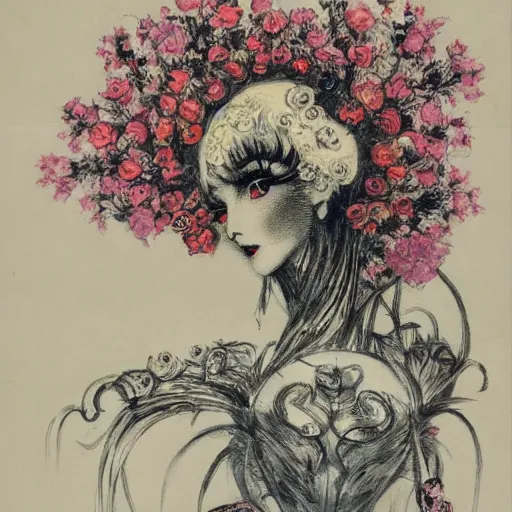 Image similar to Louis Icart, an old elaborate painting of an abstract robot tornado made entirely out of flowers coming out of her head, highly detailed, masterpiece - H 704