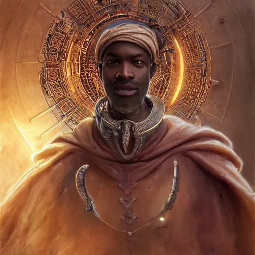 Prompt: an african moor wearing white robes and turban in the valley of the kings, ornate steampunk stargate, front game card, marvel comics, dark, intricate, highly detailed, smooth, artstation, digital illustration by ruan jia and mandy jurgens and artgerm and wayne barlowe and greg rutkowski and zdislaw beksinski.