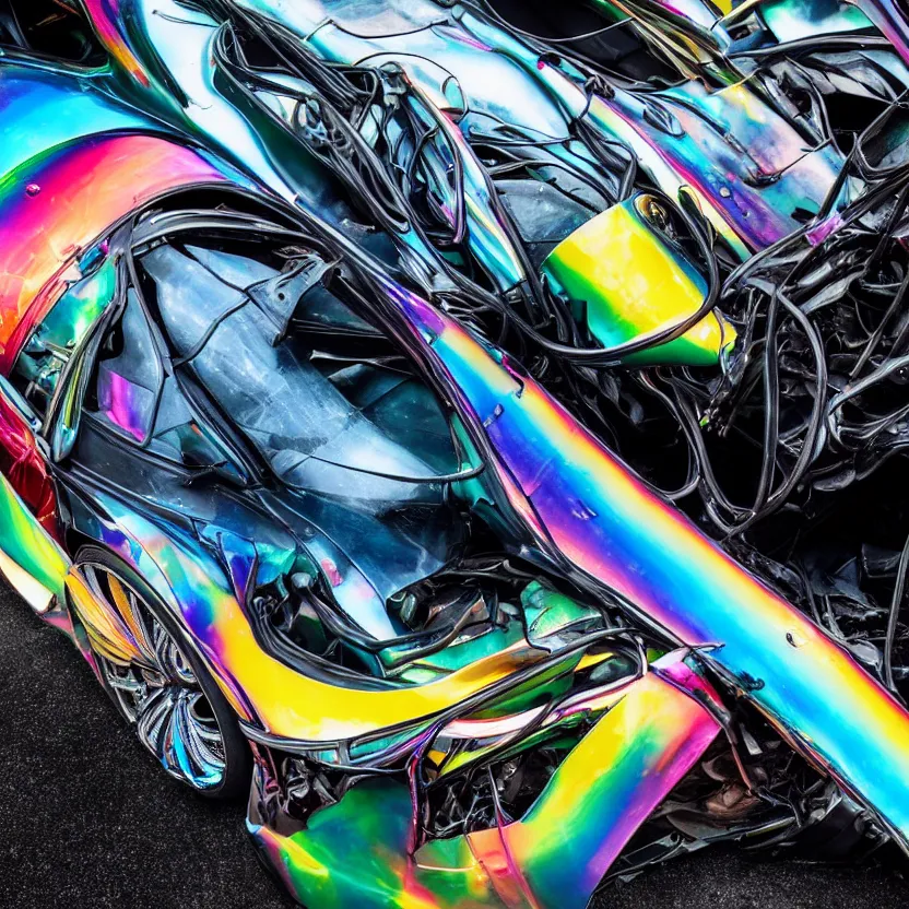 Image similar to close - up of an iridescent rainbow pagani huayra after crashing into a swimming pool, 4 k, highly detailed, award winning, look at all that detail!