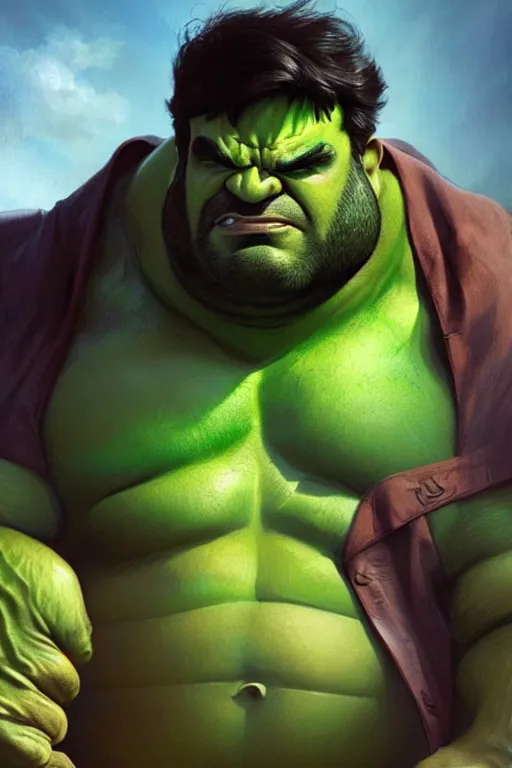 Image similar to Amit Shah as Hulk, Hulk costume, Amit Shah hairstyle, Hulk body type, Amit Shah Face, calm, grumpy, portrait, masculine figure, highly detailed, digital painting, artstation, concept art, smooth, sharp focus, illustration, cinematic lighting, art by artgerm and greg rutkowski and alphonse mucha