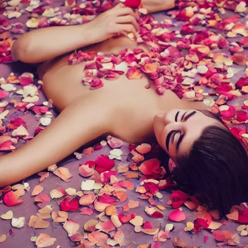 Image similar to woman laying in a pool of rose petals, movie poster, realistic, soft lighting, professional, full body, view from top