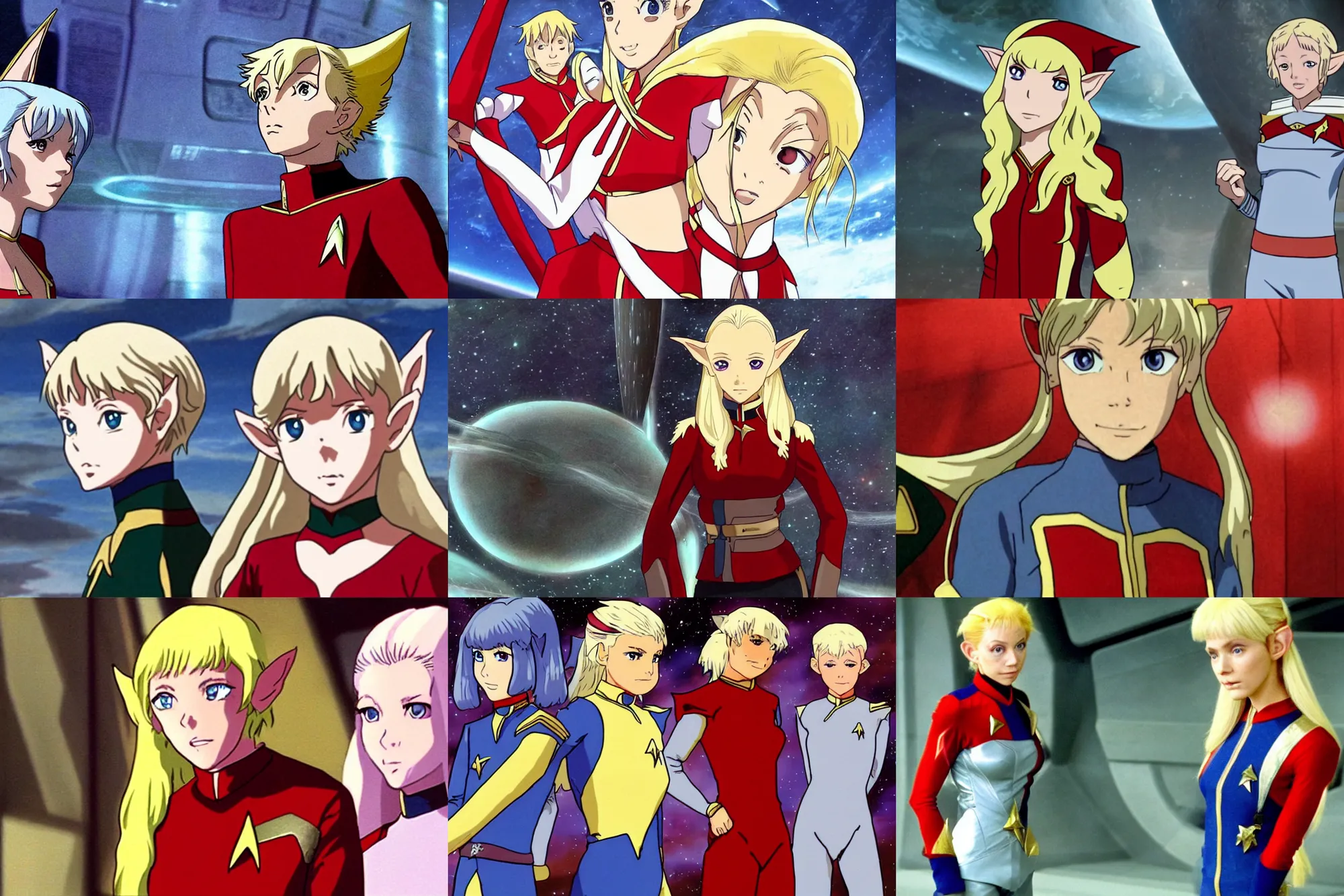 Prompt: anime of young attractive high-fantasy elf (blond) in a red Starfleet uniform in Star Trek, scene where she is on Deep Space Nine, sharp, in the style of Ghost in the Shell