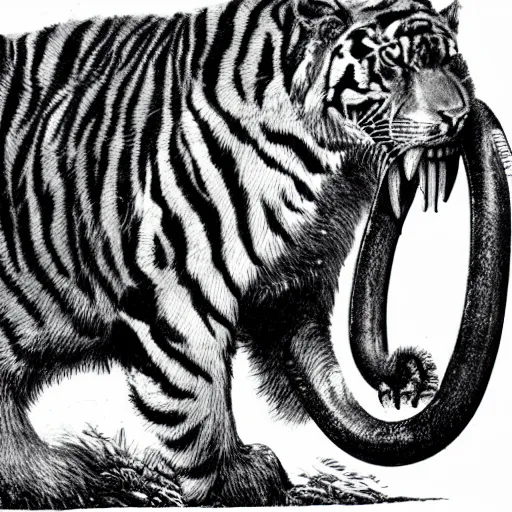 Image similar to sabertooth tiger with large tusks drawn like a BAYC NFT, illustrated style