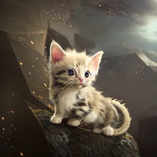 Image similar to full body pose, hyperrealistic photograph of a cute dragon kitten, dim volumetric lighting, 8 k, octane beautifully detailed render, extremely hyper detailed, intricate, epic composition, cinematic lighting, masterpiece, trending on artstation, very very detailed, stunning, hdr, smooth, sharp focus, high resolution, award, winning photo, dslr, 5 0 mm