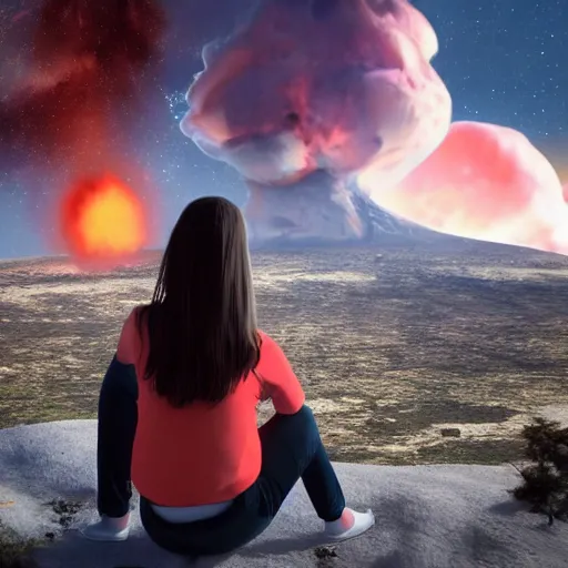 Prompt: a girl on a hill watching a flaming asteroid fall from space, octane render very realistic beatiful