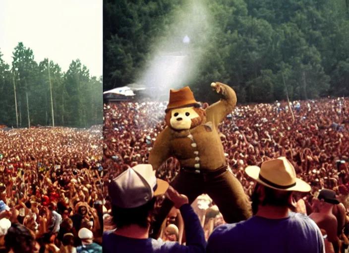 Prompt: photo still of smokey the bear amd fred durst on stage at woodstock 9 9!!!!!!!! at age 3 3 years old 3 3 years of age!!!!!!!! crowd surfing, 8 k, 8 5 mm f 1. 8, studio lighting, rim light, right side key light