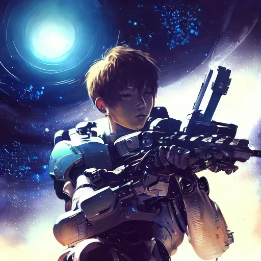 Image similar to award winning, extremely photorealistic, bokeh, beautiful detail, stars in the sky, cybernetic, sci-fi space game art, jeon Jungkook holding a gun. alien planet art by Akihito Yoshitomi AND Yoji Shinkawa AND Greg Rutkowski, Mark Arian trending on artstation