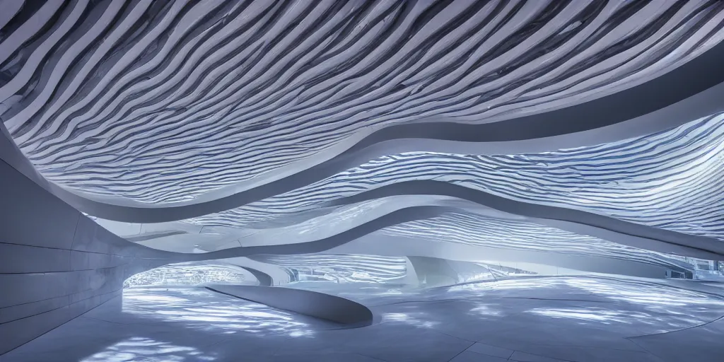 Image similar to extremely detailed awe stunning beautiful futuristic smooth curvilinear museum interior\, translucent gills, zaha hadid, stunning volumetric light, stainless steel, concrete, translucent material, beautiful sunset, hyper real, 8k, colorful, 3D cinematic volumetric light, atmospheric light